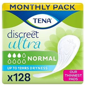 TENA Discreet Ultra- 128 maandverband in een maandverpakking (8 x 16 stuks), individueel verpakt - hygiënedoekjes voor vrouwen - voor lichte tot matige blaaszwakte, incontinentie en druppelverlies