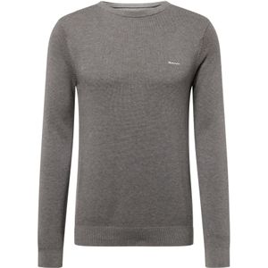 Gebreide Trui - Donkergrijs Melange - Met Logoborduursel - Ronde Hals