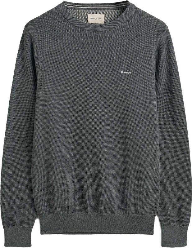 Gant - COTTON PIQUE C-NECK - Trui - Donkergrijs - Met Logoborduursel op Borsthoogte
