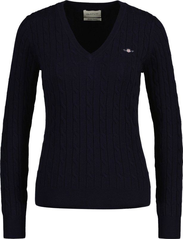 GANT Elastische katoenen kabel met V-hals trui voor dames, Nachtblauw.