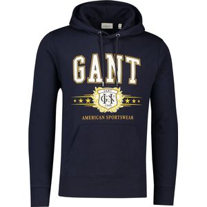 Gant - Hoodie - Donkerblauw - Katoen - Effen met Opdruk en Buidelzak