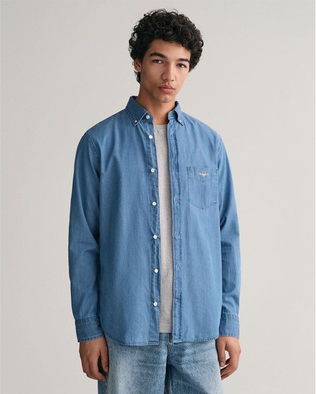 GANT - Chambray Overhemd - Blauw - 100% Katoen - Normale Pasvorm
