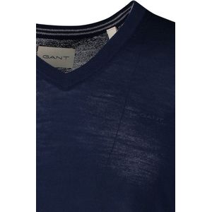 Gantvoor mannen. 8050209 Trui van extra fijne merinoswol met navy v-hals kraag (S), Casual, Marineblauw