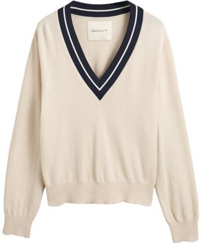 Gantvoor vrouwen. 4805303 Sweater met contrasterende V-hals (XS), Beige, Casual, Polyamide