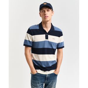Gantvoor mannen. 2022151 Gestreept piqué poloshirt in blauw, witte blokken (S), Casual, Katoen, Korte mouwen