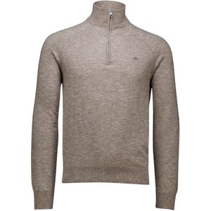 katoenen Gant trui half zip bruin gemeleerd