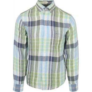 Gant Overhemd Linnen Ruiten Blauw Groen - Maat M - Heren - Overhemden Casual