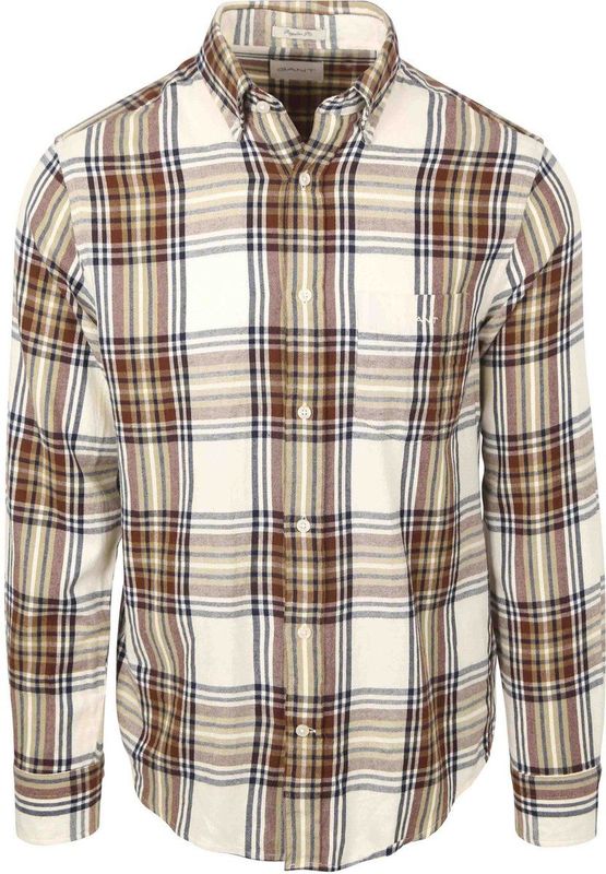 GANT - Regular Casual Overhemd - Beige - 100% Katoen Flanel - Ruitprint