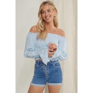 NA-KD - Puffy Sleeve Smocked T-shirt - Flower Print - Viscose - Off Shoulder