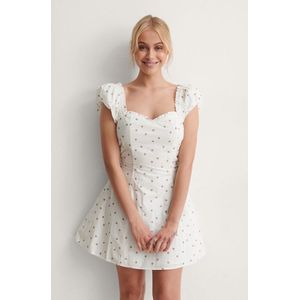 NA-KD - Dotted Mini Jurk - Wit-Beige - Korte Pof Mouwen