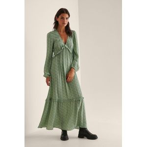 na-kd Maxi-jurk - Groen Bloemenprint - Doorschijnend Materiaal - V-hals met Ruches