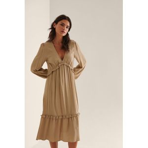 na-kd - Maxi-jurk - Donker Beige - Ruches - Ballonmouwen