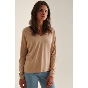 NA-KD - V-hals Jersey Top - Donker Beige - Katoen