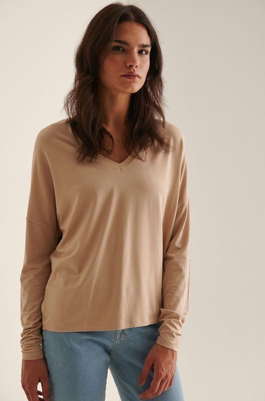 NA-KD - V-hals Jersey Top - Donker Beige - Katoen