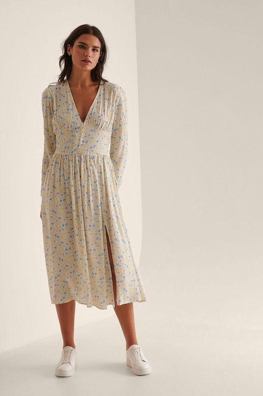 NA-KD - Midi-jurk - Lichtblauw - Ruit - V-hals