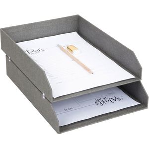 Bigso Box of Sweden, set van 2 brievenbakjes voor op het bureau, stapelbare opbergvakken voor brieven, documenten, etc., opbergsysteem van vezelplaat met papier in linnenlook, blauw