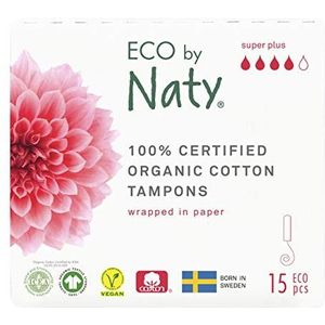 Eco by Naty Tampons - Super Plus, 15 tampons Plantgebaseerd, Veganistisch, 100% Biologisch Katoen