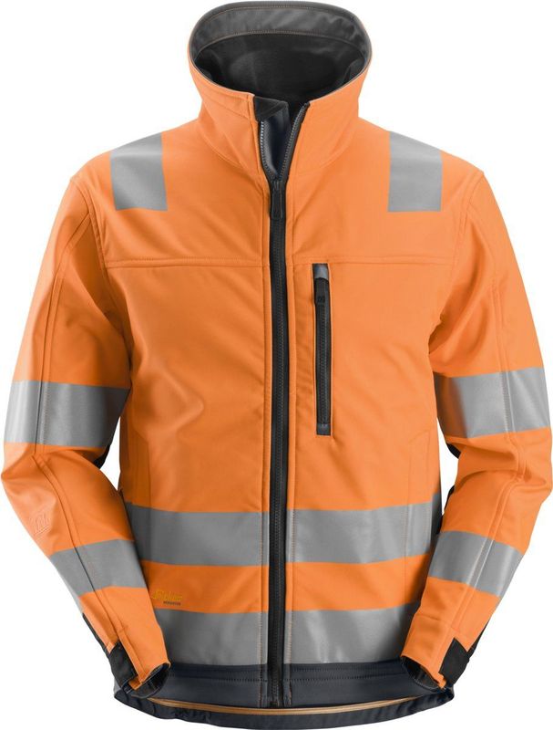 Snickers 1230 AllroundWork, High-Vis Softshell Jack Klasse 3 - Oranje, High Visibility/Staal Grijs - L