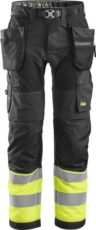 Snickers 6931 FlexiWork High-Vis Werkbroek - Zwart/High-Vis Geel - Klasse 1 - Met Holsterzakken