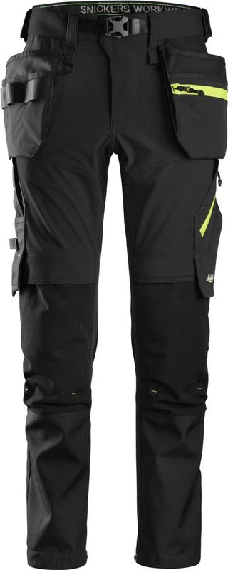 Snickers 6940 FlexiWork, Stretch Werkbroek+ met Holsterzakken - Zwart/Neon