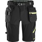 Snickers 6140 FlexiWork, Softshell Stretch Korte Werkbroek+ met Holsterzakken - Zwart/Neon Geel