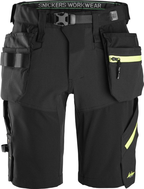 Snickers 6140 FlexiWork, Softshell Stretch Korte Werkbroek+ met Holsterzakken - Zwart/Neon Geel