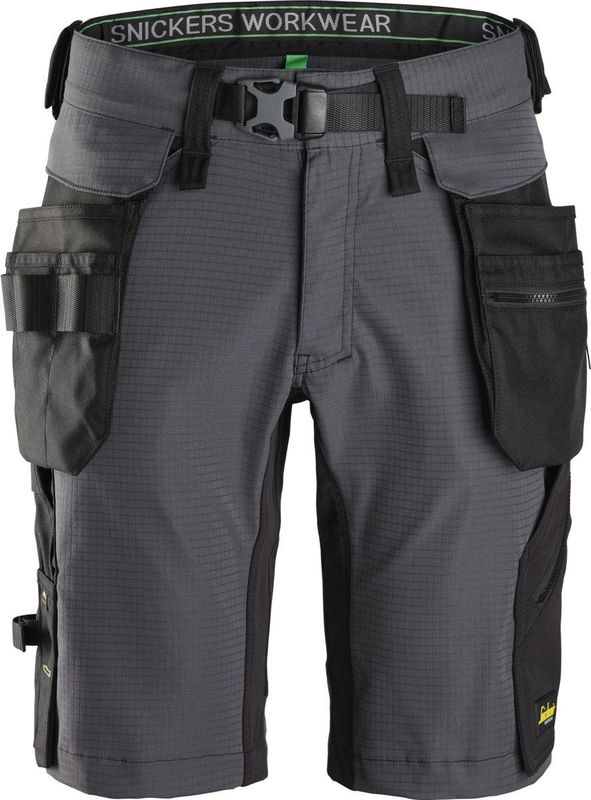 Snickers 6172 FlexiWork, Korte Werkbroek met Afneembare Zakken - Staal Grijs/Zwart
