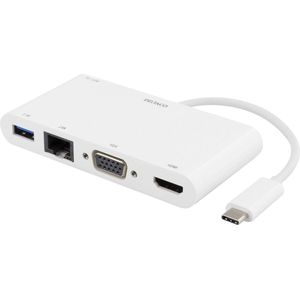 Deltaco USB-C aansluitstation, 100W USB-C PD, HDMI, 1,5A USB-A, Gigabi (USB C), Docking station + USB-hub, Wit