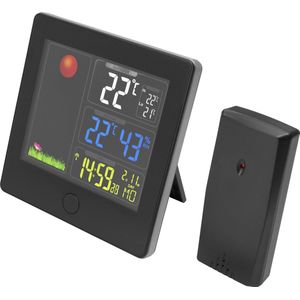 GadgetMonster Weerstation met buitensensor, digitale thermometer voor binnen en buiten van -40 °C tot +50 °C, tijdweergave, wekker en luchtvochtigheidsweergave, zwart