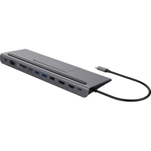 Deltaco USB-C Docking Station - 1x USB-C PD / 3x USB-A / SD + microSD reader / RJ45 / DisplayPort / HDMI / VGA / 3.5 mm audio + mic - Spacegrijs - 7333048057112
