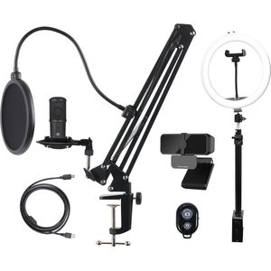 Deltaco GAM-170 Streaming Set - USB-C Microfoon - Webcam - Ringlight - Bureaumontage - Zwart