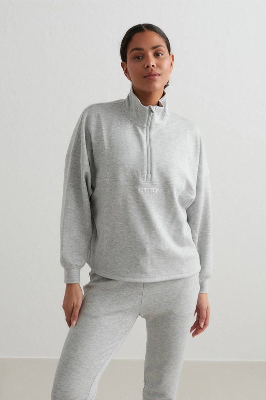 Sweater - Mélange - Sportief - Gevoerde Zoom/Rand - Halve Rits - Lange Mouw