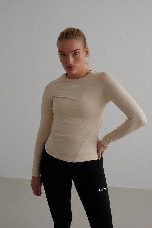 Aim'n - Functioneel Shirt - Beige/Wit - Lange Mouw - Normale Pasvorm