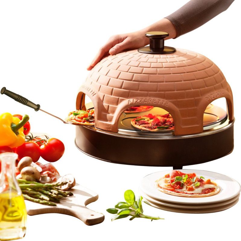 Emerio Pizzarette Origineel - 6 Persoons Pizza Oven - Handgemaakte Terracotta Koepel - 6 Geïsoleerde Bakspatels - RVS Bakplaat - Gourmetstel met Cool touch koepel - PO-115984 1200W