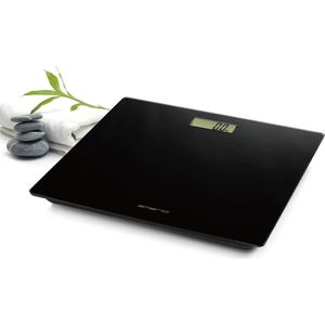 EMERIO Digitale personenweegschaal met precisiesensoren, step-on-technologie met 2 AAA-batterijen, lcd-display, eenheden in kg/lb/st, tot max. 180 kg, ultradun, automatische uitschakeling, zwart glas,