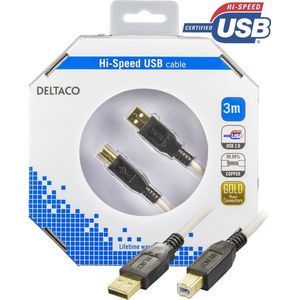 DELTACO USB-230-K Verbindingskabel USB 2.0, USB A mannelijk naar USB B mannelijk, 3m, Grijs