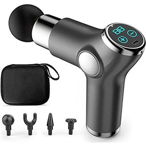 Ergocar Spiermassagepistool, massage-pistool voor nek en schouders, fascia, diepweefsel met 6 standen, elektrisch handmassageapparaat met 4 massagekoppen, touchscreen-grijs