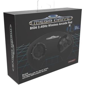 Retro-Bit BIG6 2.4 GHz SEGA Mega Drive Wireless Arcade Controller Pad for SEGA Mega Drive Original/Mini, Switch, PC & Mac - Black