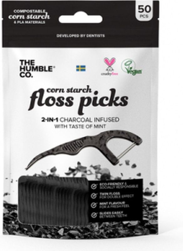 The Humble Co. Flossticks - Actieve Kool - Milieuvriendelijk - Veganistisch - Suikervrij - 1 x 50 Stuks