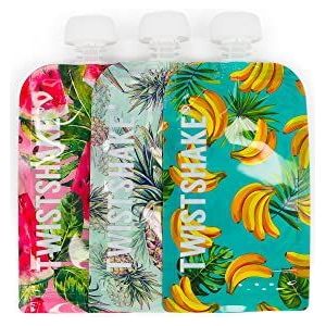 Twistshake 3 stuks herbruikbare babyvoeding, knijpzakjes, navulbaar, dubbele ritssluiting, lekvrij, BPA-vrij, 220 ml, fruit