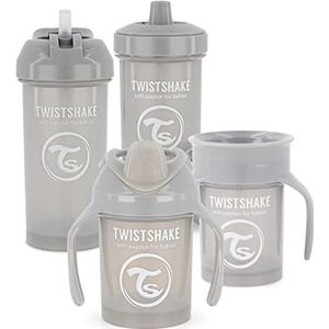 Twistshake Drinkbekerset voor baby's, 4-delig, 1 x 360 beker, 1 x mini-beker, 1 x rietjesbeker, 1 x kinderbeker, lekvrije flessen, BPA-vrije lekvrije beker, 4 maanden, lichtgrijs