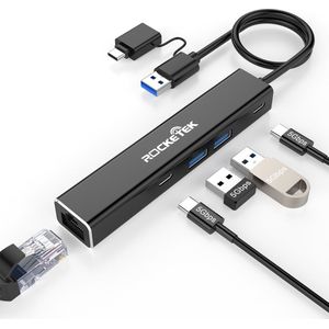 NÖRDIC USB-LANHUB1 - 3-in-1 USB-C Hub met GigaLAN, USB-C en USB 3.0 poorten - 5Gb/s - Zwart