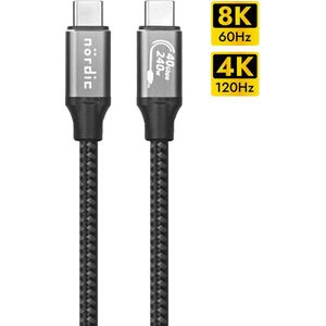 NÖRDIC USB4-052 - USB-C kabel met E-marker - 240W PD3.1 snelladen - 40Gb/s - tot 8K60Hz - Compatibel met Thunderbolt3/4 - Gevlochten Nylonkabel - 50cm - Zwart