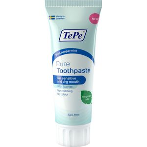 TePe Pure™ Tandpasta met milde pepermuntsmaak – fluoride tandpasta voor gevoelig tandvlees en droge mond klachten – 75 ml