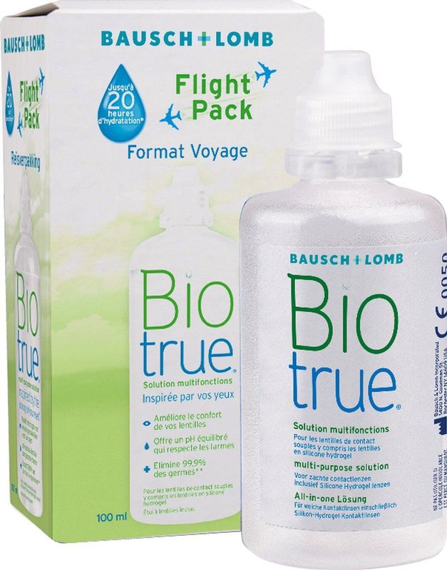 Biotrue Multi-Purpose Reis Lenzenvloeistof, 100 ml Vluchtpakket, Kussent en Herhydrateert Zachte Contactlenzen - Conditioneert, Reinigt, Verwijdert Eiwitten, Desinfecteert en Spoelt