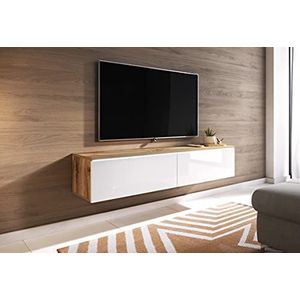 TV kast LOWBOARD D 140 cm, TV hangkast, kleur Wotan / wit hoogglans, LED-verlichting, moderne woonkamer meubels (met LED-verlichting)
