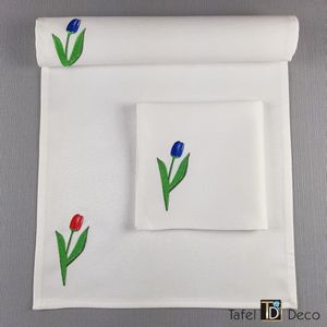 Servet wit, geborduurd met blauwe en rode tulpen, 36cmx36cm, set van 6