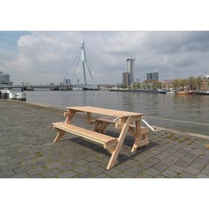 Inklapbare Picknicktafel - XL Model - DICHT TAFELBLAD 4,5 cm dik - 3-6 personen - Metalen onderdelen van RVS -Tafel en Bank 2 in 1 - Compleet gemonteerd geleverd