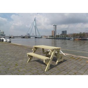 Inklapbare Picknicktafel - Standaard Model - 4,5 cm. dik Vurenhout - 2-4 personen - Metalen onderdelen van RVS - Tafel en Bank 2 in 1 - Compleet gemonteerd geleverd