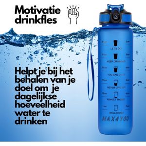 Max4You Drinkfles - Waterfles - Motivatie waterfles - Waterfles met rietje - Waterfles 1 liter - Waterfles met tijdmarkeringen - Blauw